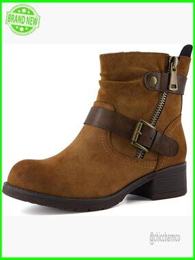 Moto Style Ankle Boots with Zipper & Buckle, Memory Foam Insole, Wide Width